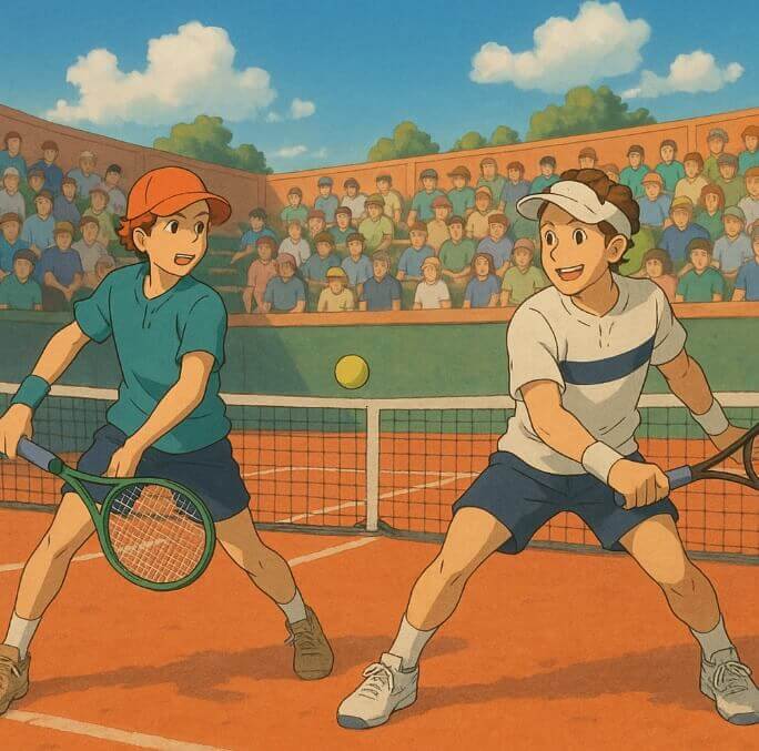 야닉시너와 캐스퍼 루드가 함께 시합하는 지브리 스타일 그림