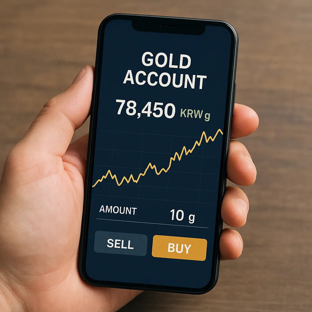 금 계좌 앱에서 실시간 시세와 매매 버튼이 표시된 스마트폰 화면