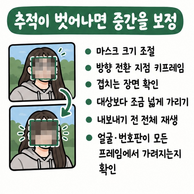 추적이 벗어질 때 중간 키프레임 추가와 마스크 크기 조절, 겹치는 구간 확인, 최종 미리보기를 하는 체크리스트 카드