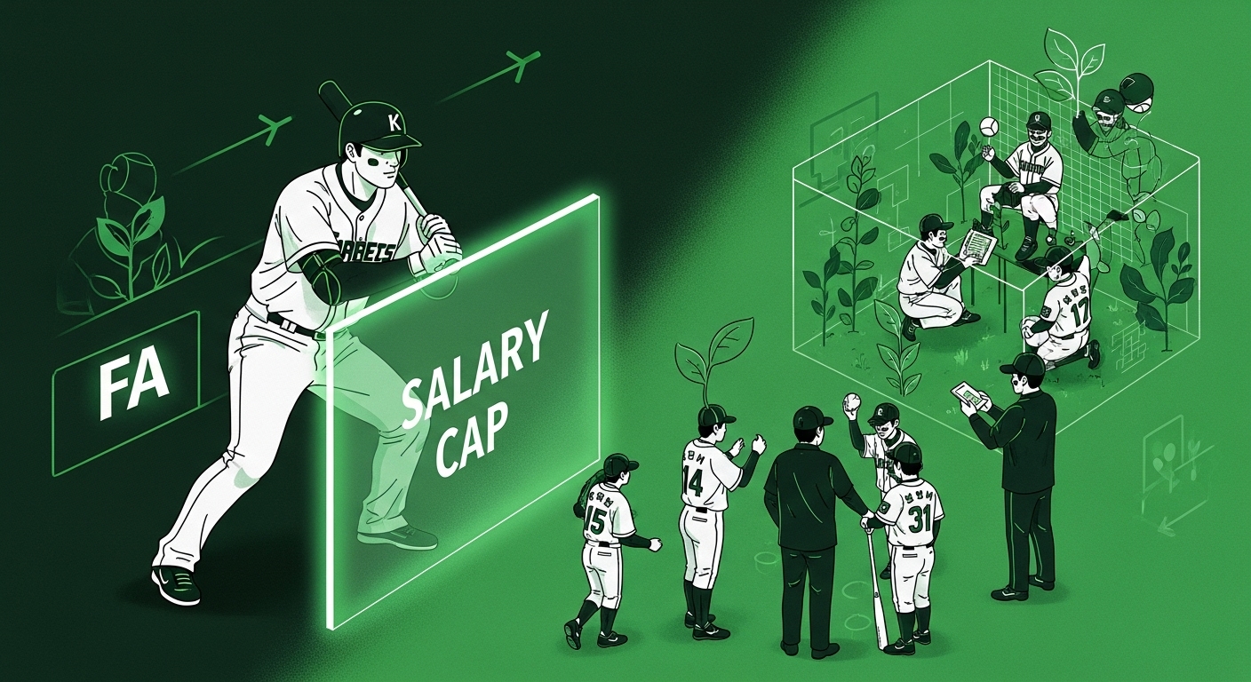 샐러리캡 도입 후 KBO 구단들이 젊은 선수 육성과 효율적인 FA 전략으로 전환하는 모습을 시각적으로 표현한 이미지.