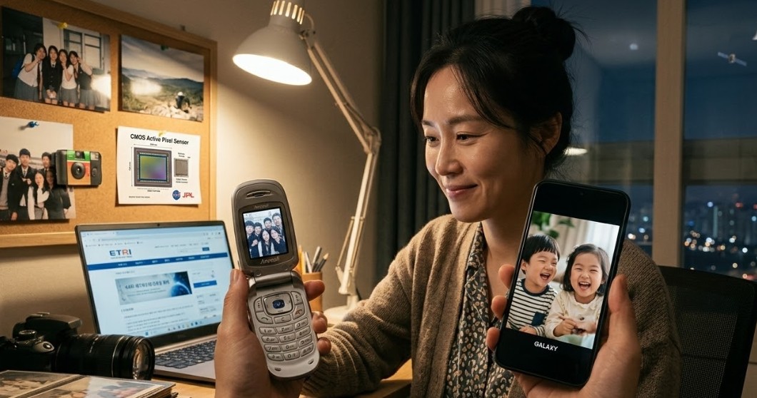 작업실에서 한국인 여성이 과거의 폴더형 카메라폰(Anycall)과 최신 스마트폰(GALAXY)을 양손에 들고 미소 짓는 모습