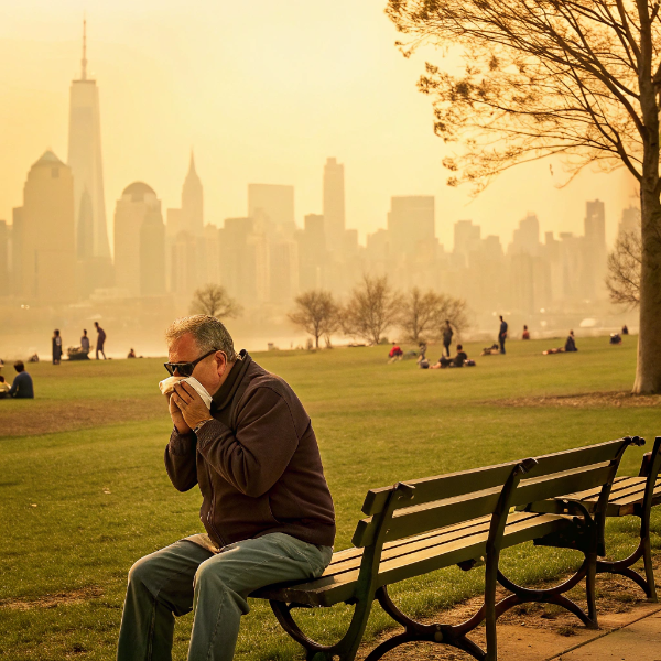 봄철 황사와 미세 먼지가 많은 날씨 속에 공원에서 코를 푸는 모습의 이미지