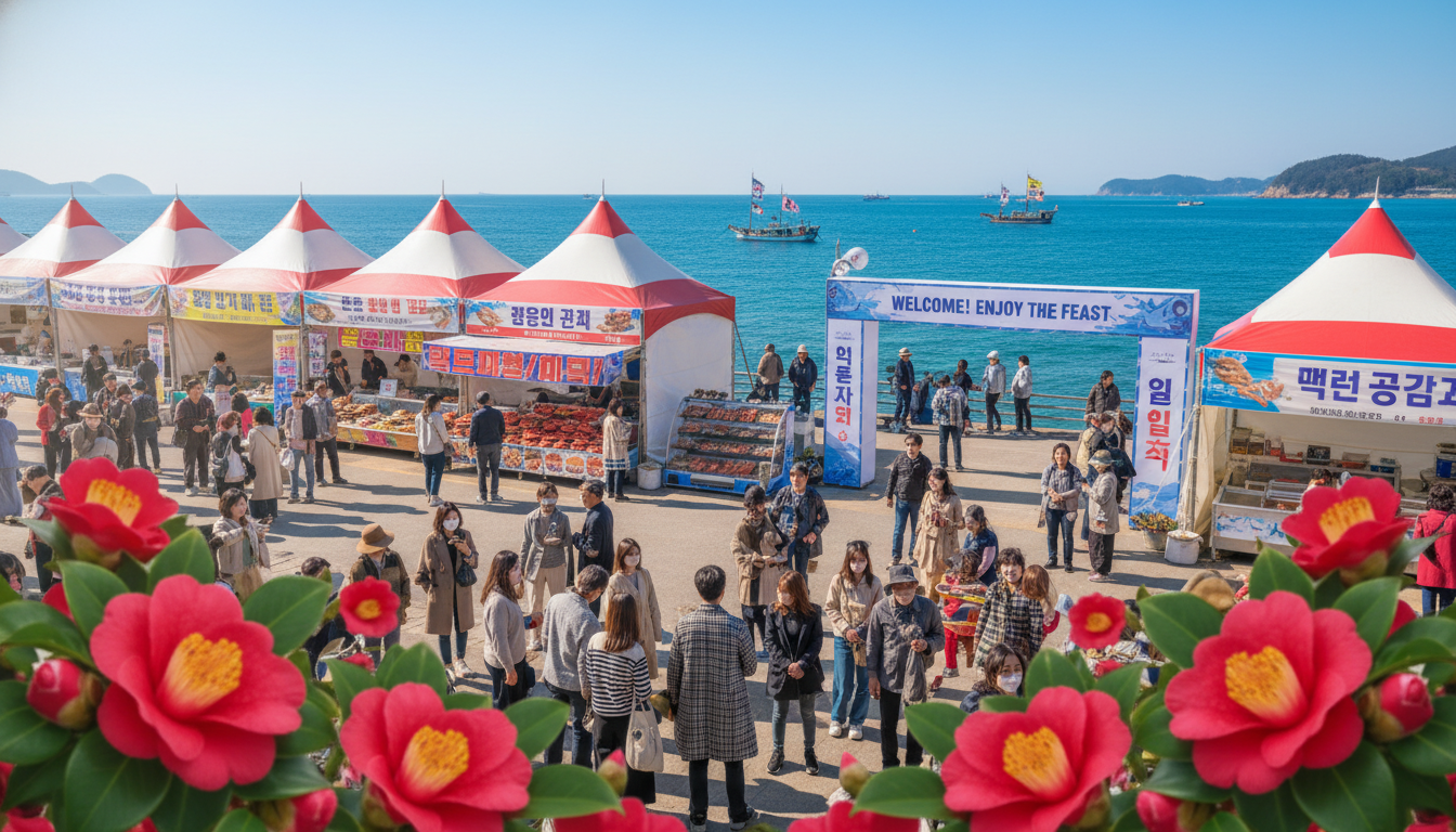 2026 서천 마량진항 동백꽃 쭈꾸미 축제의 활기찬 현장과 붉은 동백꽃 풍경