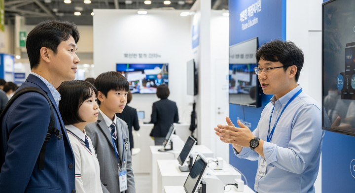 박람회 부스에서 설명을 듣고 있는 한국인 학부모와 학생