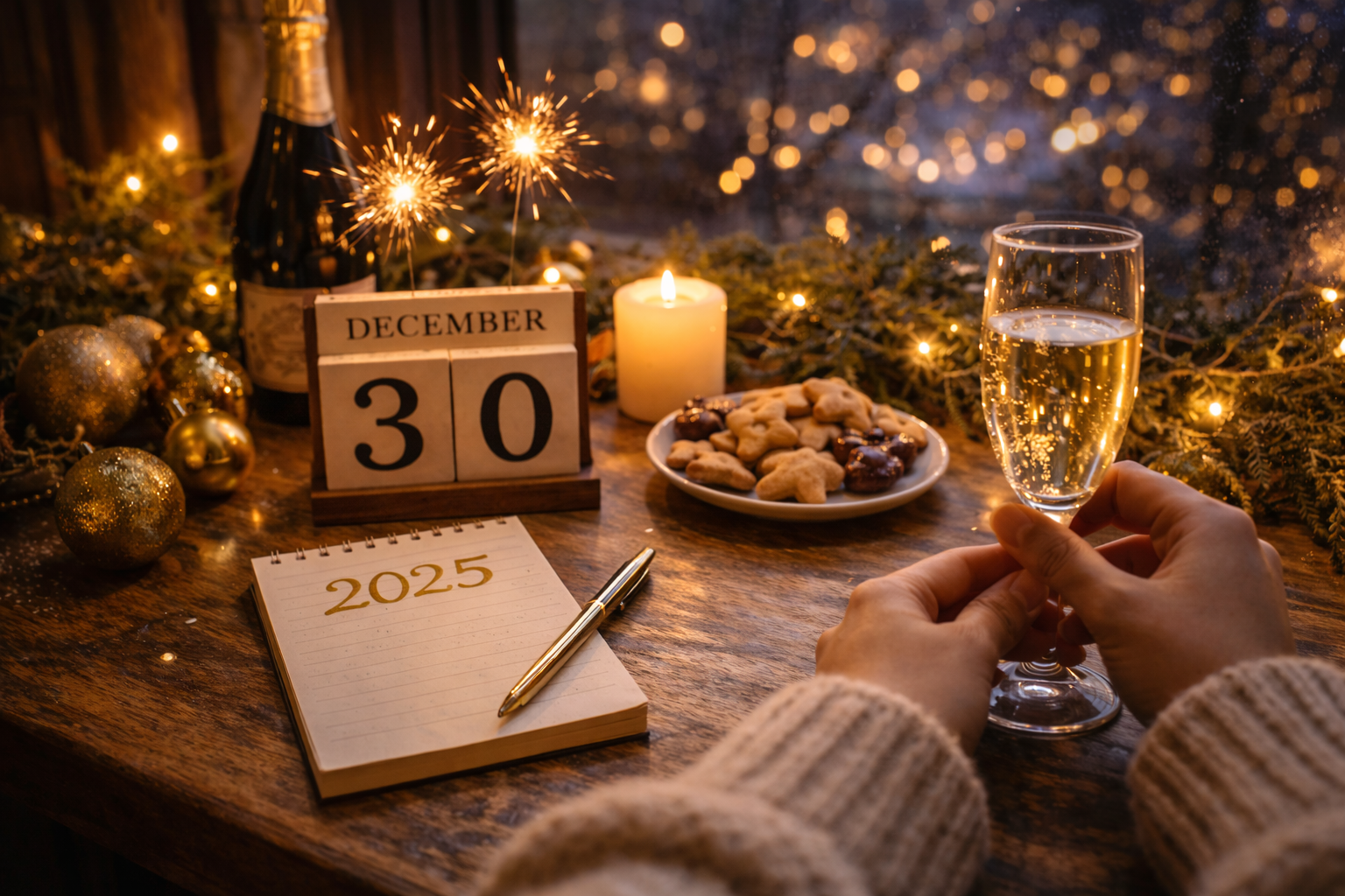 12월 30일 저녁, 샴페인 잔과 &lsquo;2025&rsquo;가 적힌 노트가 놓인 따뜻한 연말 테이블