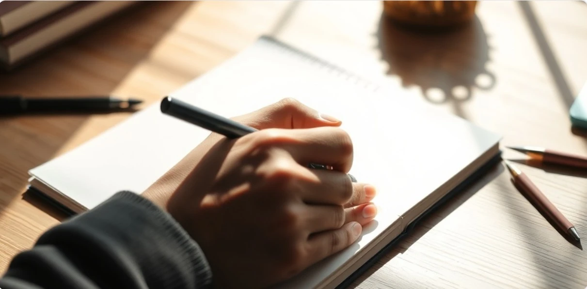 책상 위 노트에 펜으로 아이디어를 적는 손 클로즈업