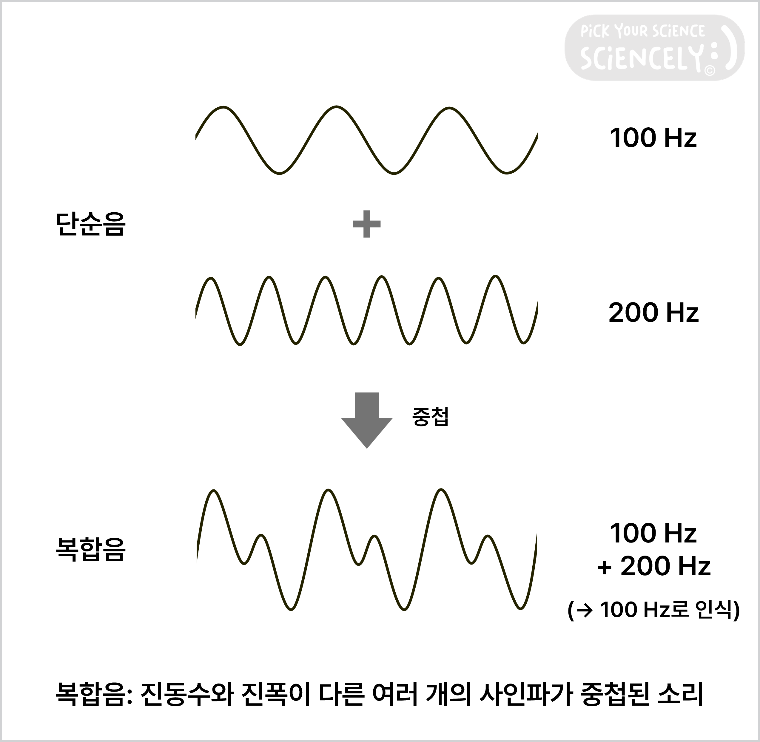 복합음, 진동수와 진폭이 다른 여러 개의 사인파가 중첩된 소리, 사인파의 중첩, 파동의 중첩