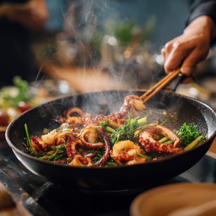 주방에서 한창 조리중인 오징어 볶음