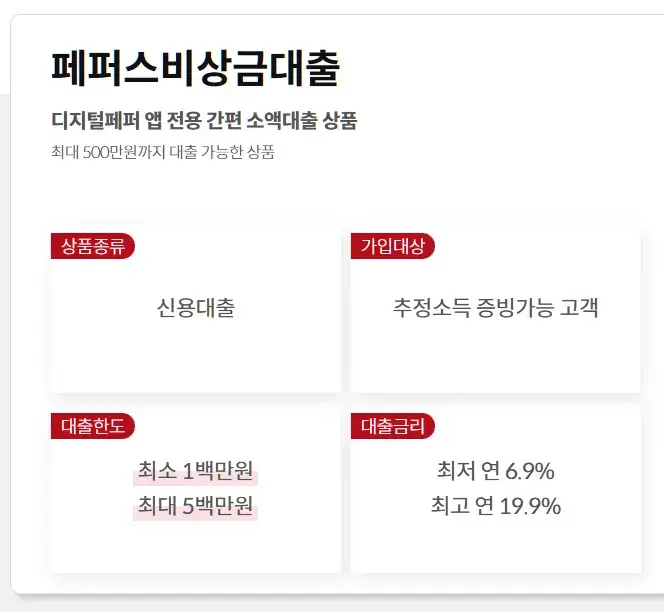 페퍼스저축은행 비상금대출 웹페이지 화면