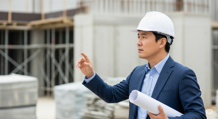 남성 사업주가 안전모를 쓰고 작업 현장을 점검하고 있는 모습