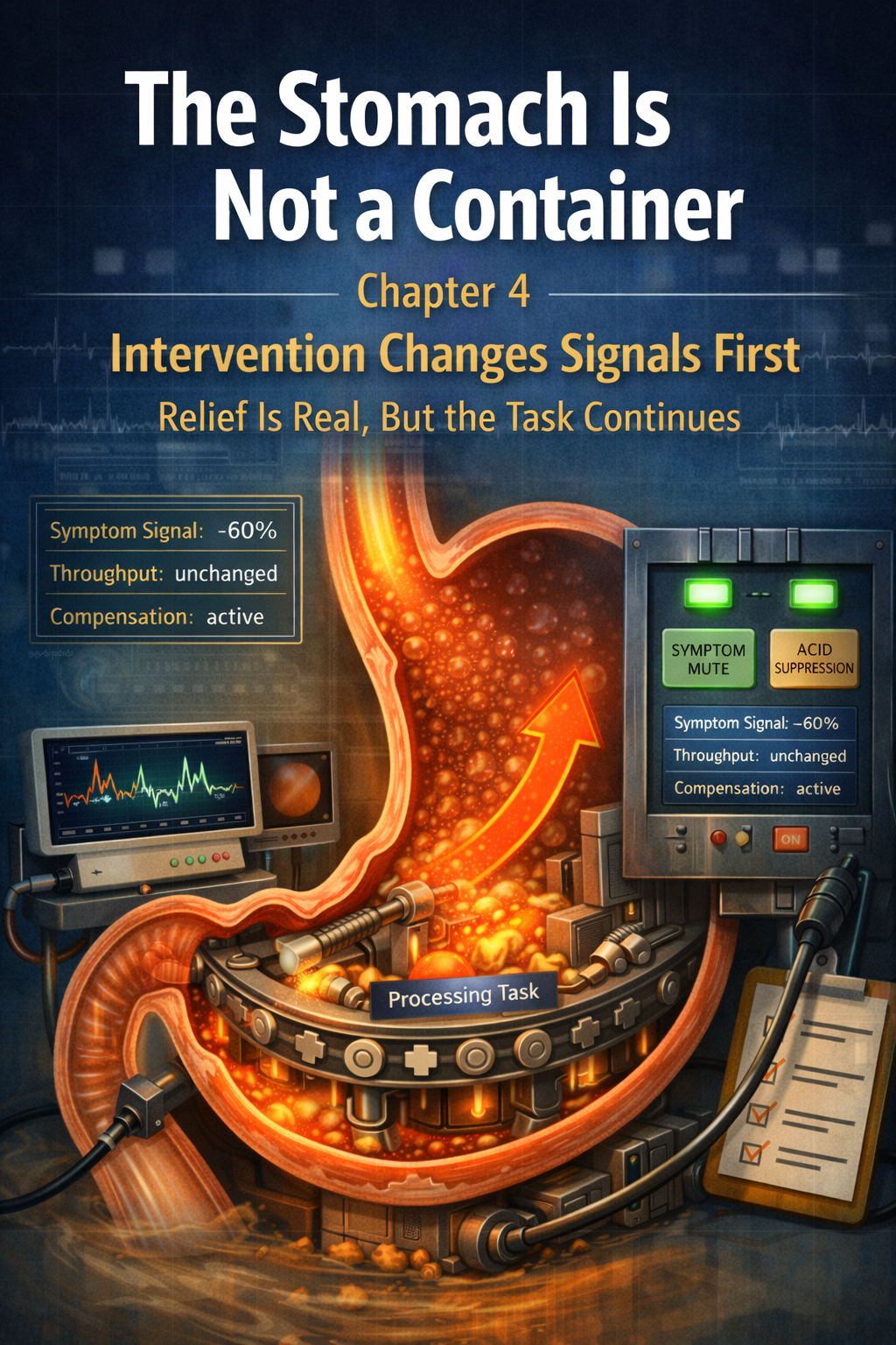 위장을 기계적 처리 시스템으로 묘사한 단면 일러스트로, 외부 개입(위산 억제&middot;증상 완화)이 신호를 먼저 감소시키지만 내부 처리 과업은 계속 작동하는 구조를 시각화한다. 역류성 식도염에서 증상 완화와 근본 처리 과정의 차이를 설명하는 「위장은 저장소가 아니다」