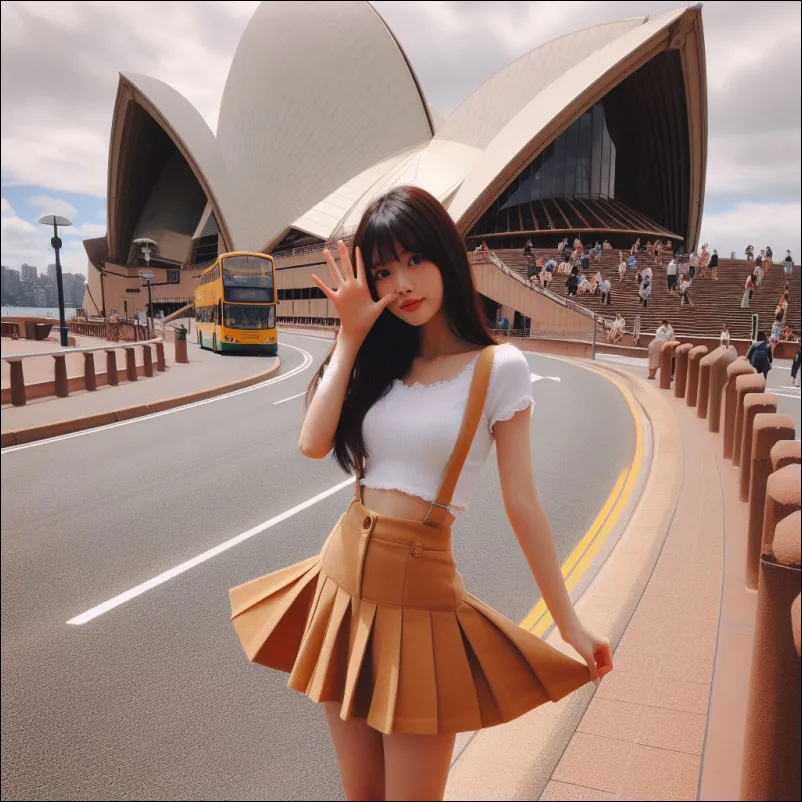 오페라 하우스에서 기념촬영 중인 여행자