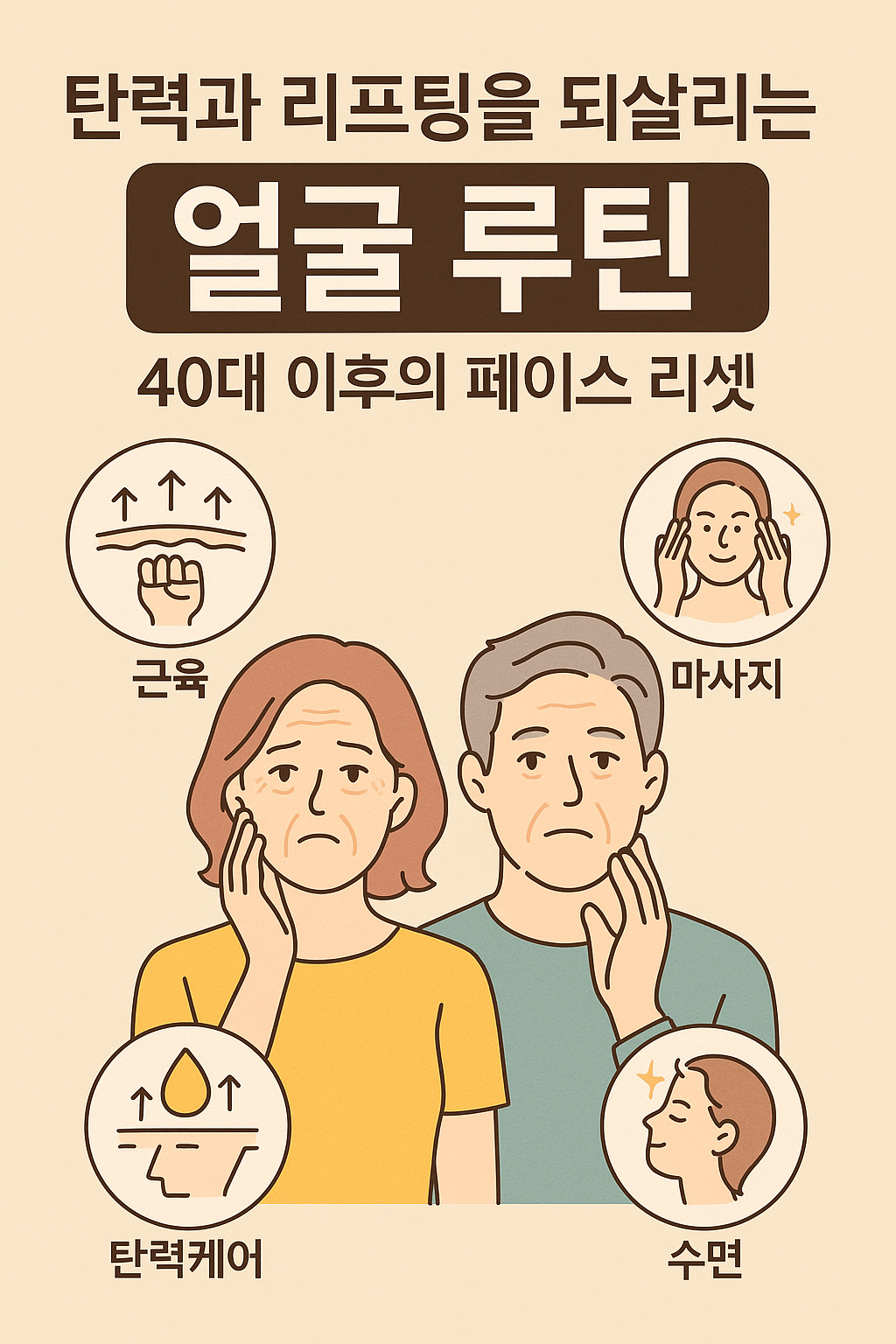 40대 이후 처진 얼굴선을 복원하는 리프팅 루틴과 탄력 회복 습관을 설명하는 인포그래픽 스타일의 디지털 일러스트