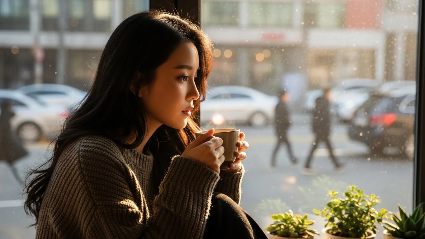 따뜻한 햇살 아래 창가에 앉아 커피를 마시며 생각에 잠긴 여성 이미지