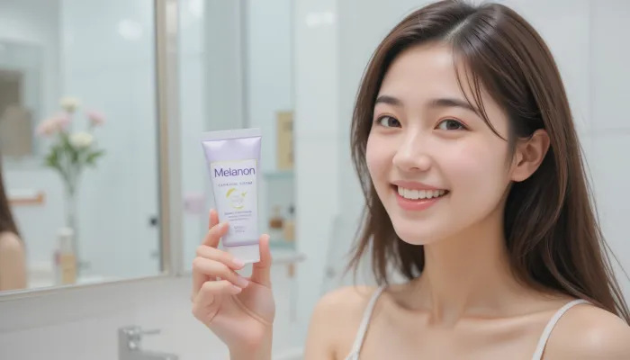 동아제약 멜라논 크림 가격 정보를 알기 위해 제품을 손에 든 여성의 모습