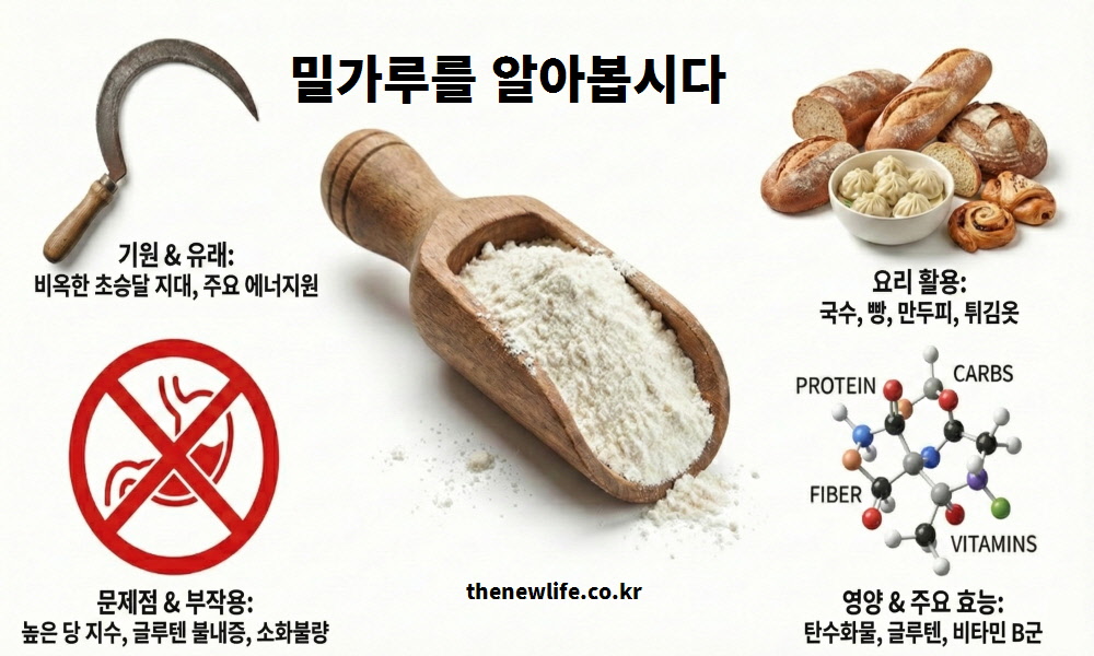밀가루의 기원과 요리 활용 및 영양 성분을 설명하고 밀가루 음식 부작용인 소화 불량과 비만 문제를 경고하는 인포그래픽