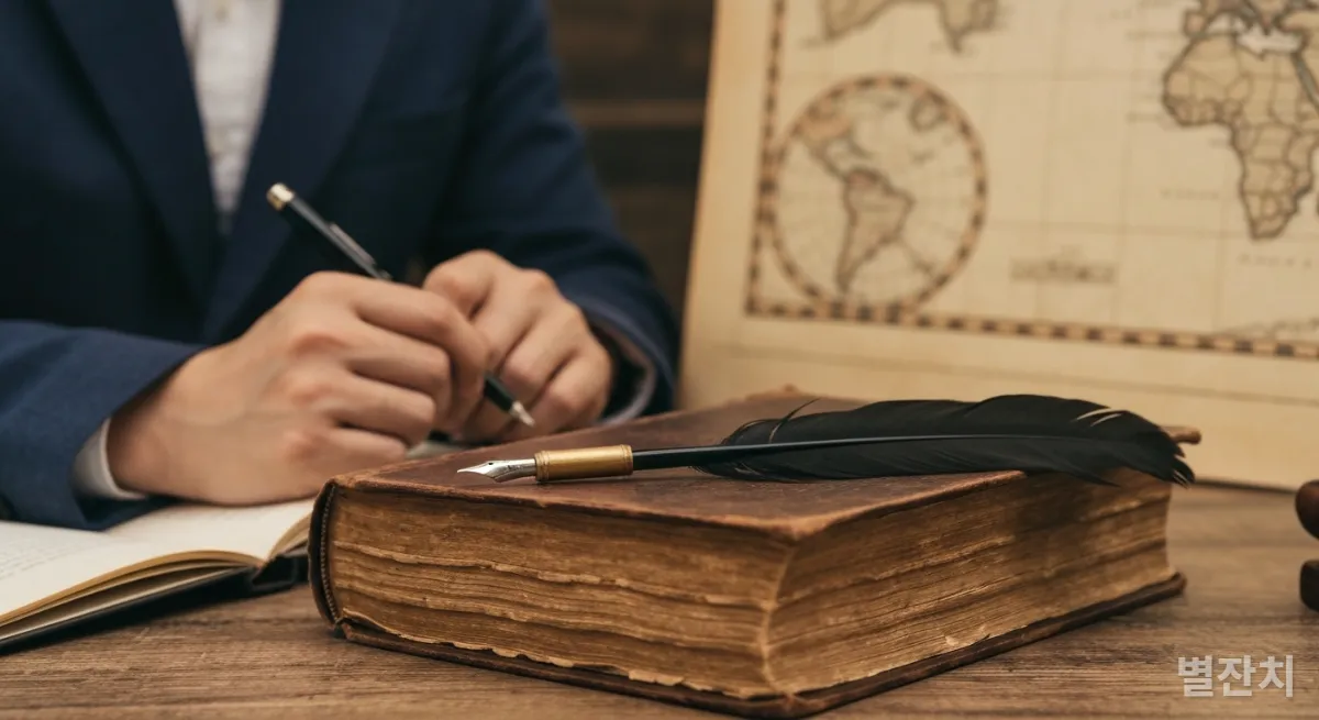 오래된 책과 깃펜, 고지도 위에 놓인 역사적 지혜를 상징하는 모습