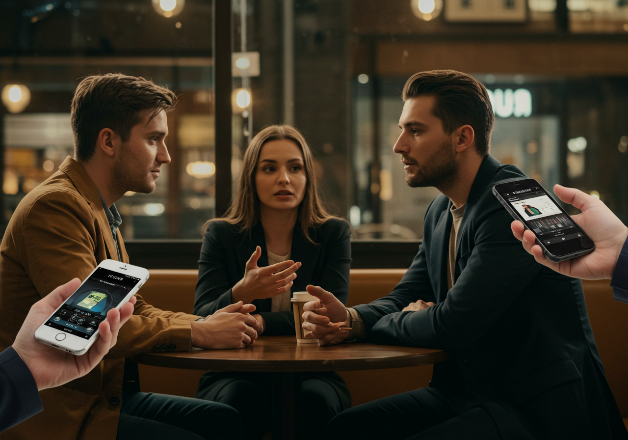 공공장소에서 몰래 녹음하는 장면을 표현한 디지털 일러스트, 카페 대화 도청, 통신비밀보호법 위반 사례 이미지