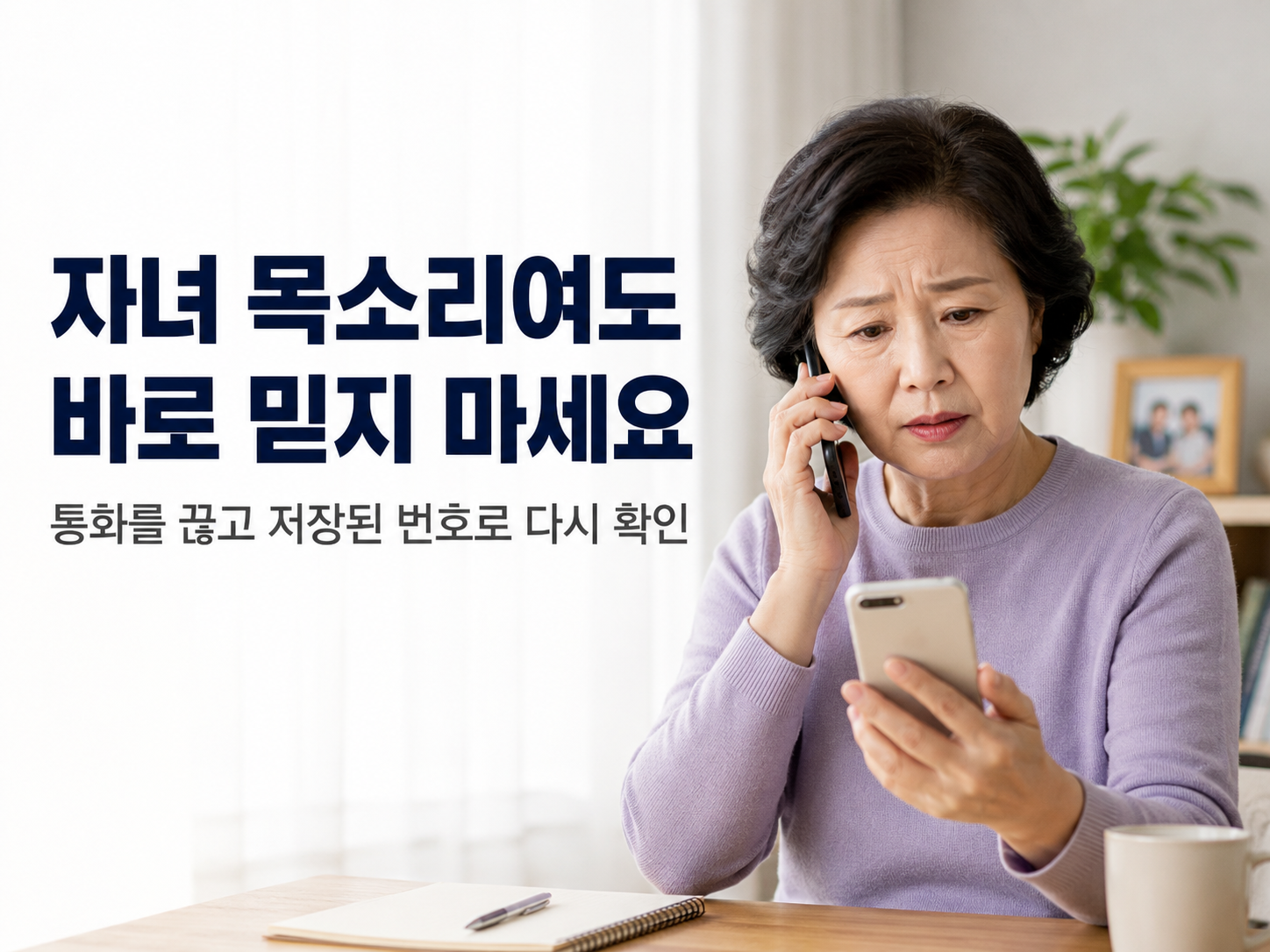60대 한국인 여성이 자녀의 다급한 목소리가 들리는 전화를 받고 걱정하지만, 바로 송금하지 않고 통화를 끊은 뒤 평소 저장된 자녀 번호로 다시 확인하려는 실사형 이미지