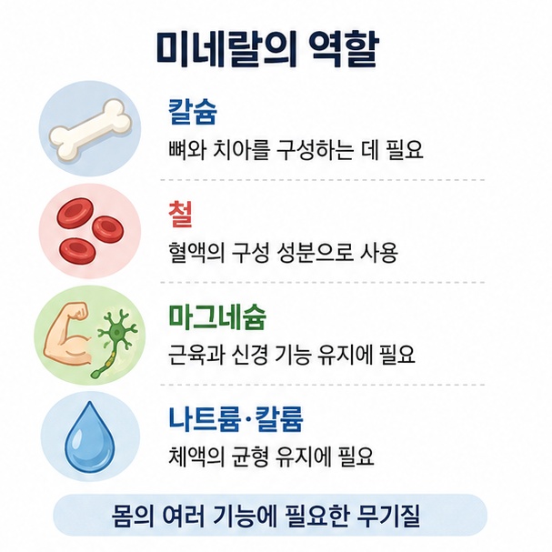 칼슘은 뼈, 철은 산소 운반, 마그네슘은 근육과 신경, 나트륨과 칼륨은 체액 균형에 관여한다는 내용을 정리한 이미지