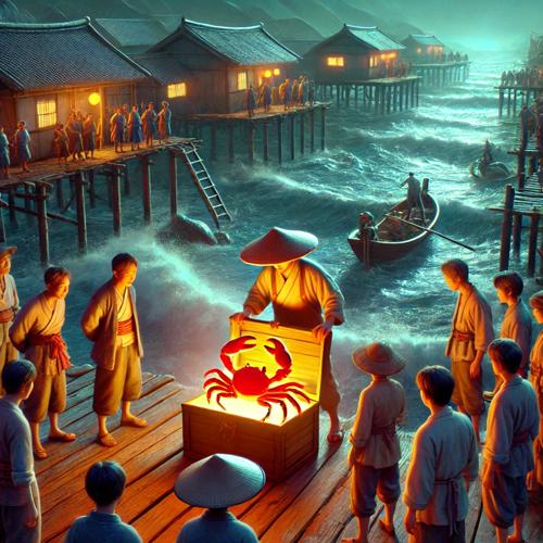 붉은 게를 잡아 마을로 돌아온 어부