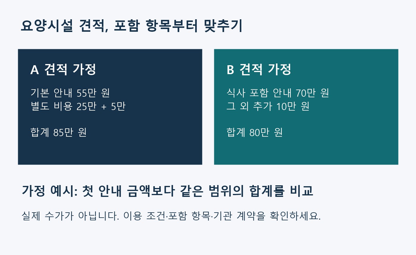 요양시설 A의 기본 안내 55만 원에 별도 비용을 더한 85만 원과 B의 식사 포함 안내 70만 원에 추가 비용을 더한 80만 원을 비교한 가정 도표