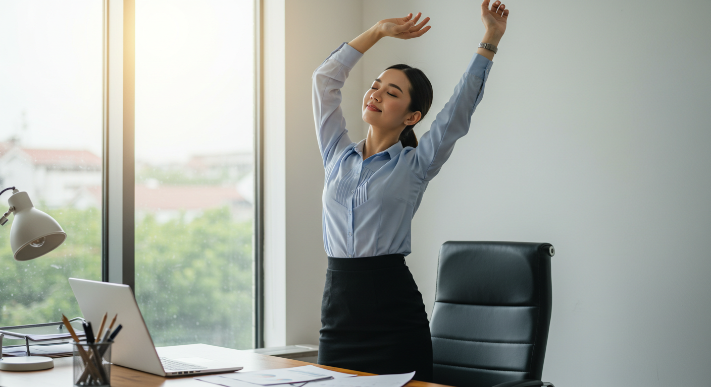 사무실에서 간단한 요가를 하는 직장인의 이미지
