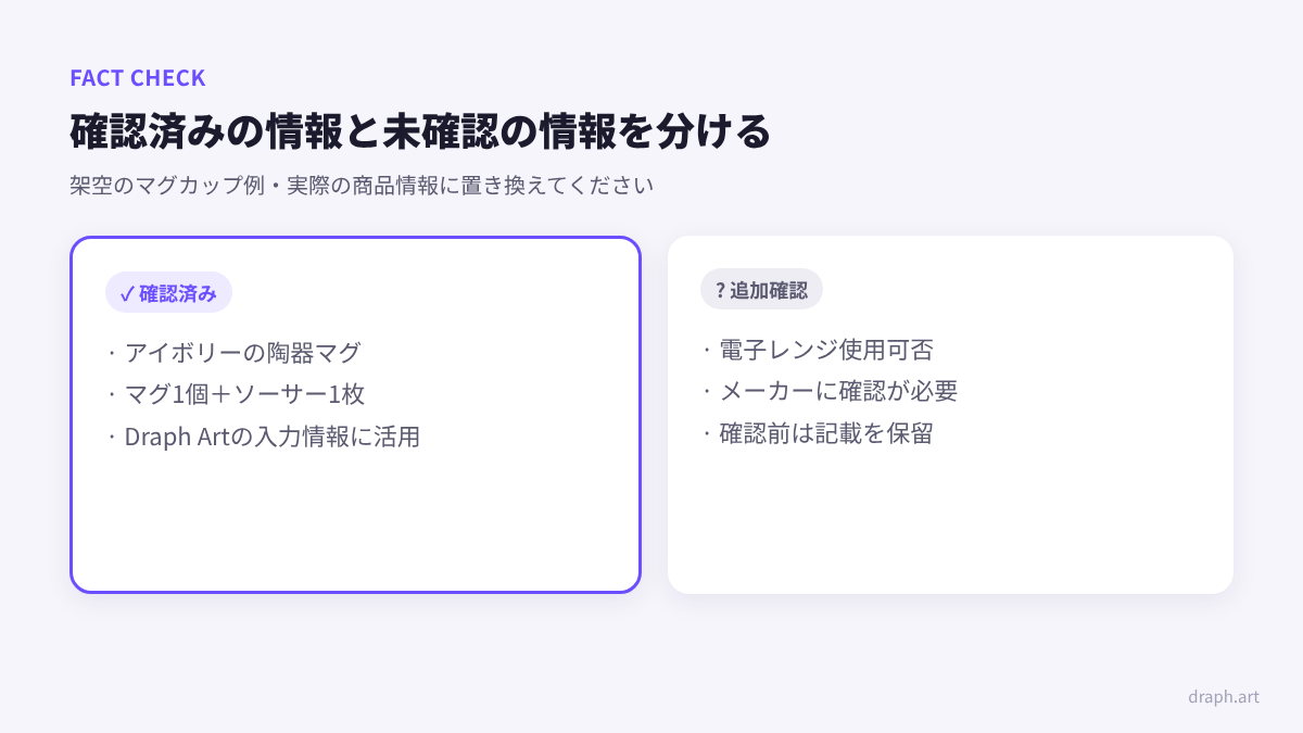 Hookableの口コミ 商品ページ作成ガイド：架空のマグカップで確認済みの情報と追加確認が必要な情報を分けた例