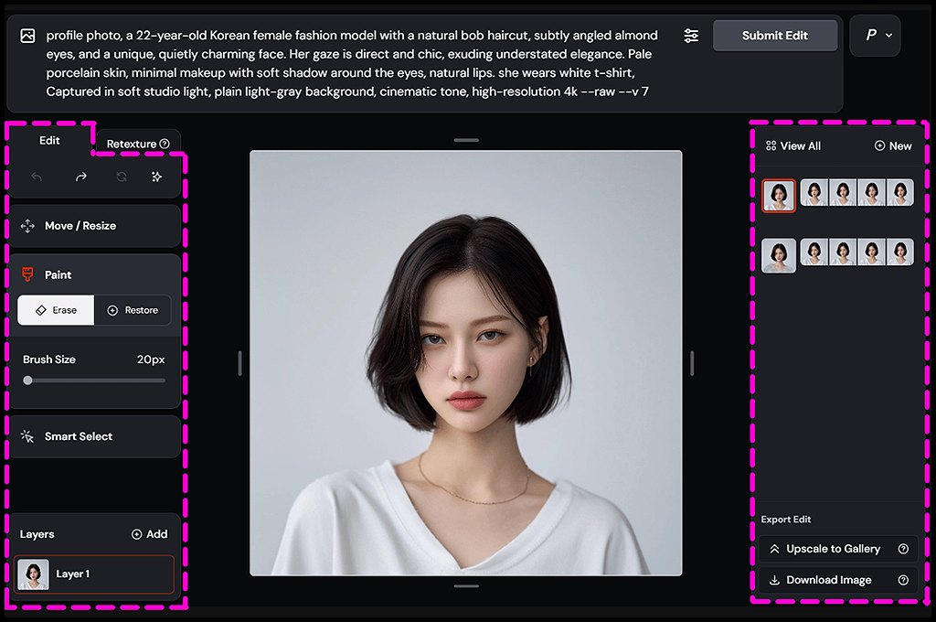 Midjourney Edit 기능 화면 UI 구조, 좌측 도구·마스킹 패널과 우측 프롬프트 입력·미리보기 영역 설명 이미지_Midjourney