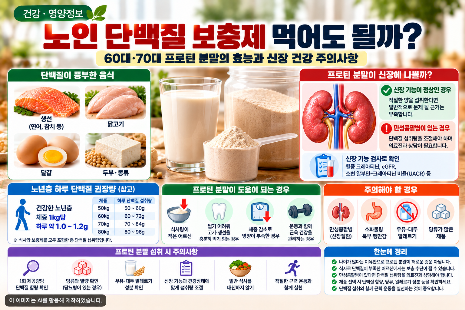 60대&middot;70대 노인 단백질 보충제의 효능과 하루 단백질 권장량, 프로틴 분말이 도움이 되는 경우 및 신장 건강 주의사항을 정리한 이미지