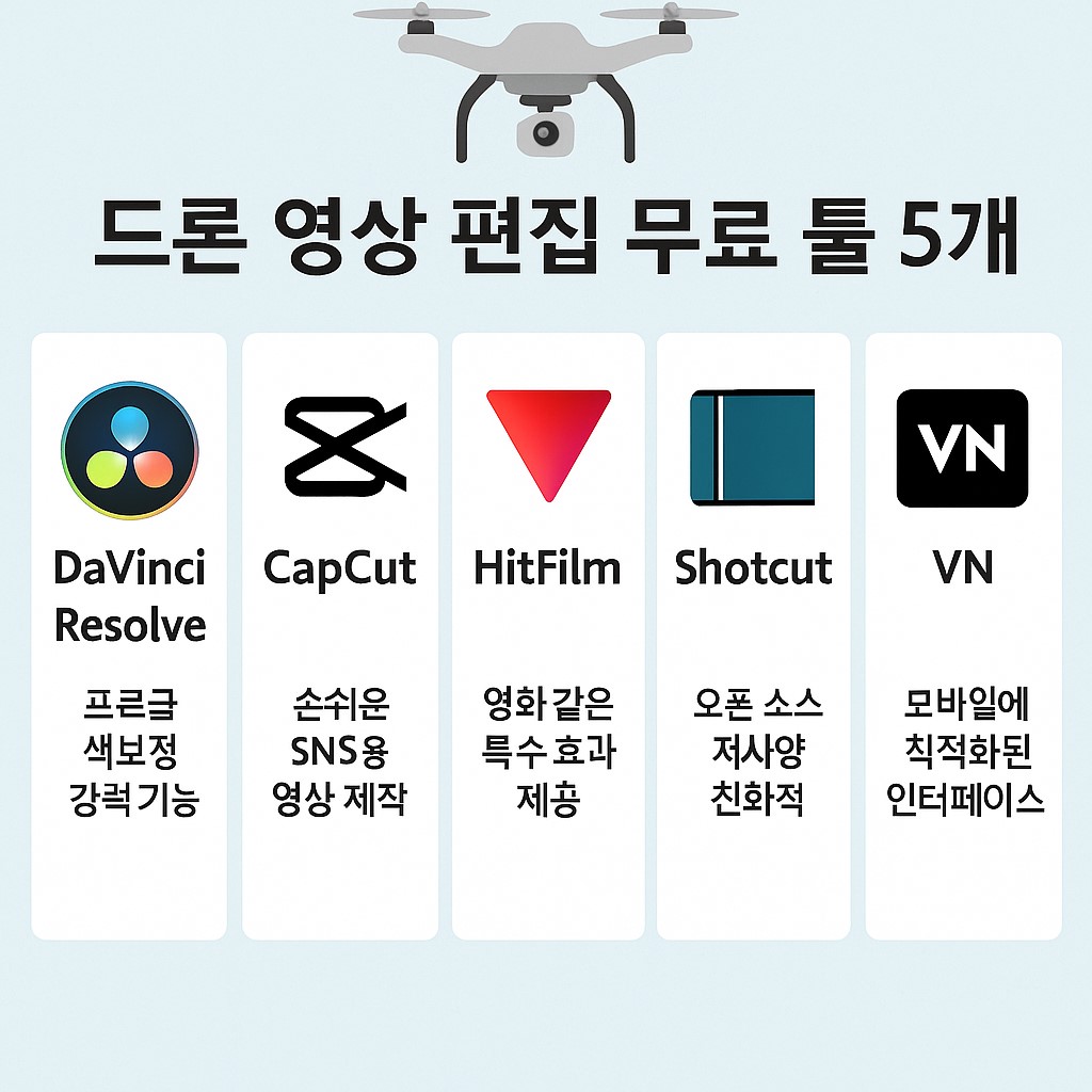 드론 영상 편집 무료 툴 5개를 비교 설명하는 대표 이미지