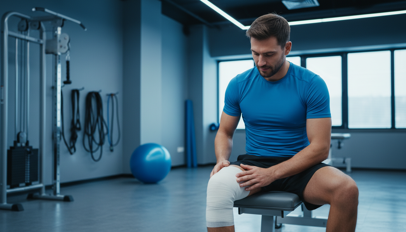현대적인 재활 센터에서 무릎 붕대를 감고 회복 의지를 다지는 스포츠 선수의 모습