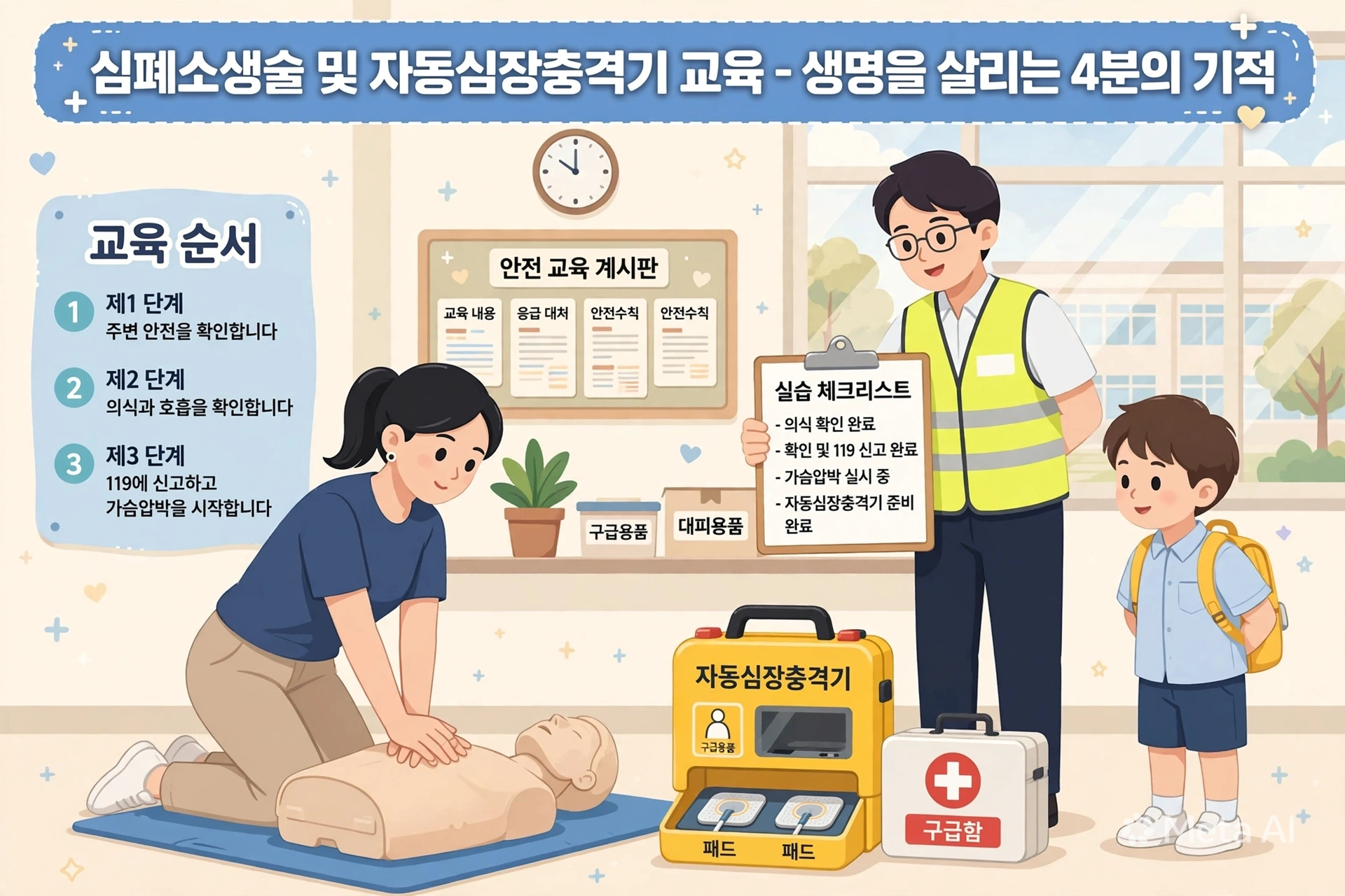 여성이 파란 매트 위 CPR 마네킹에 가슴 압박을 실습하고, 노란색 자동심장충격기와 빨간 십자가 표시의 구급함이 옆에 놓인 응급처치 교육 일러스트. 안전조끼를 입은 강사가 '실습 체크리스트 - 의식 확인 완료, 119 신고 완료, 가슴압박 실시 중, 자동심장충격기 준비 완료'라는 한글 체크판을 들고 있고, 어린 학생이 지켜보고 있다. 상단에 '심폐소생술 및 자동심장충격기 교육 - 생명을 살리는 4분의 기적', 왼쪽에 '교육 순서 1. 주변 안전을 확인합니다 2. 의식과 호흡을 확인합니다 3. 119에 신고하고 가슴압박을 시작합니다'라는 한글 안내가 있다. 기기에는 '자동심장충격기, 패드, 구급함' 한글 라벨이 붙어 있다.