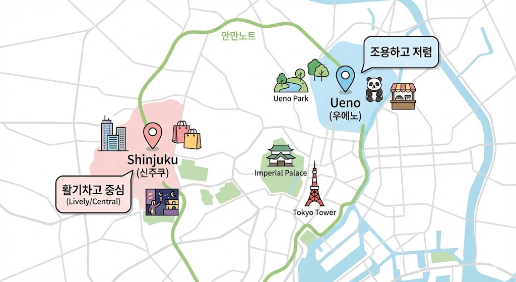 우에노 vs 신주쿠 숙소 선택 가이드｜초보자도 3분 결정표(2026)