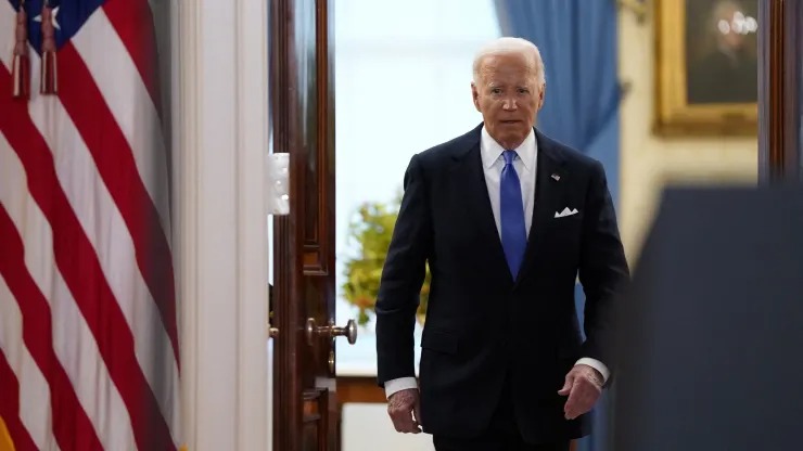 U.S. President Joe Biden walks to deliver remarks after the U.S. Supreme Court ruled on former U.S. President and Republican presidential candidate Donald Trump’s bid for immunity from federal prosecution for 2020 election subversion, at the White House in Washington, U.S., July 1, 2024. 
Elizabeth Frantz ❘ Reuters