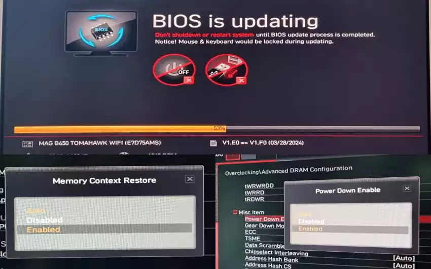B650 토마호크에서 바이오스 및 메모리 설정을 하던 모습입니다.