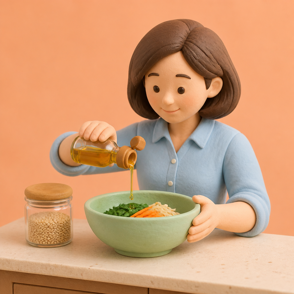 주방 조리대에서 참기름과 깨소금을 볼에 넣어 양념을 섞는 자녀