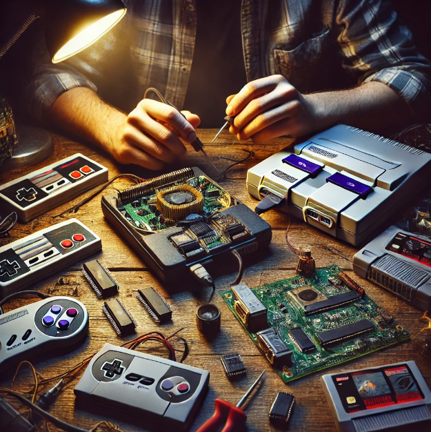 분해된 게임기를 수리하는 작업 테이블