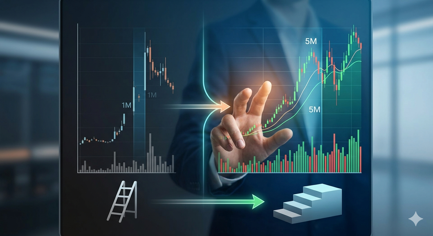 케이아이엔엑스(KINX) 주식의 액면분할 전후 유동성 변화를 시각화한 차트. 왼쪽은 적은 주식 수와 낮은 거래량으로 인한 유동성 부족 상태를 나타내고, 오른쪽은 5대 1 액면분할 이후 주식 수가 늘어나며 소액 투자자의 접근성이 향상되고 거래량이 폭발적으로 증가하는 모습을 다이내믹한 차트와 활발한 움직임으로 표현했다. 또한 진입 장벽이 낮아지는 것을 상징하는 낮은 계단 이미지를 포함하여 액면분할의 긍정적 효과를 강조한다.