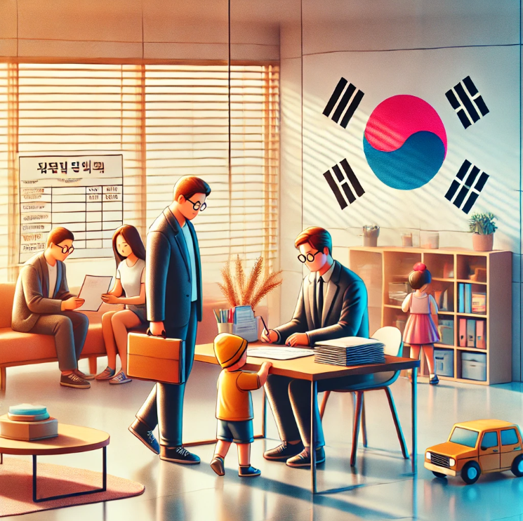 정부 주민센터에서 유아학비 지원 신청을 진행 중인 부모와 아이의 모습