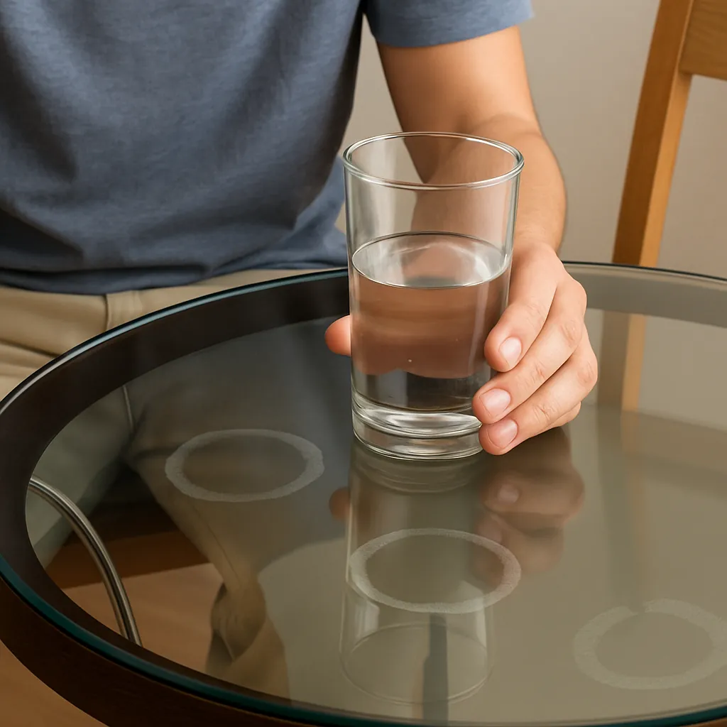 유리-식탁-위에-생긴-물컵-자국을-묘사한-클로즈업-사진