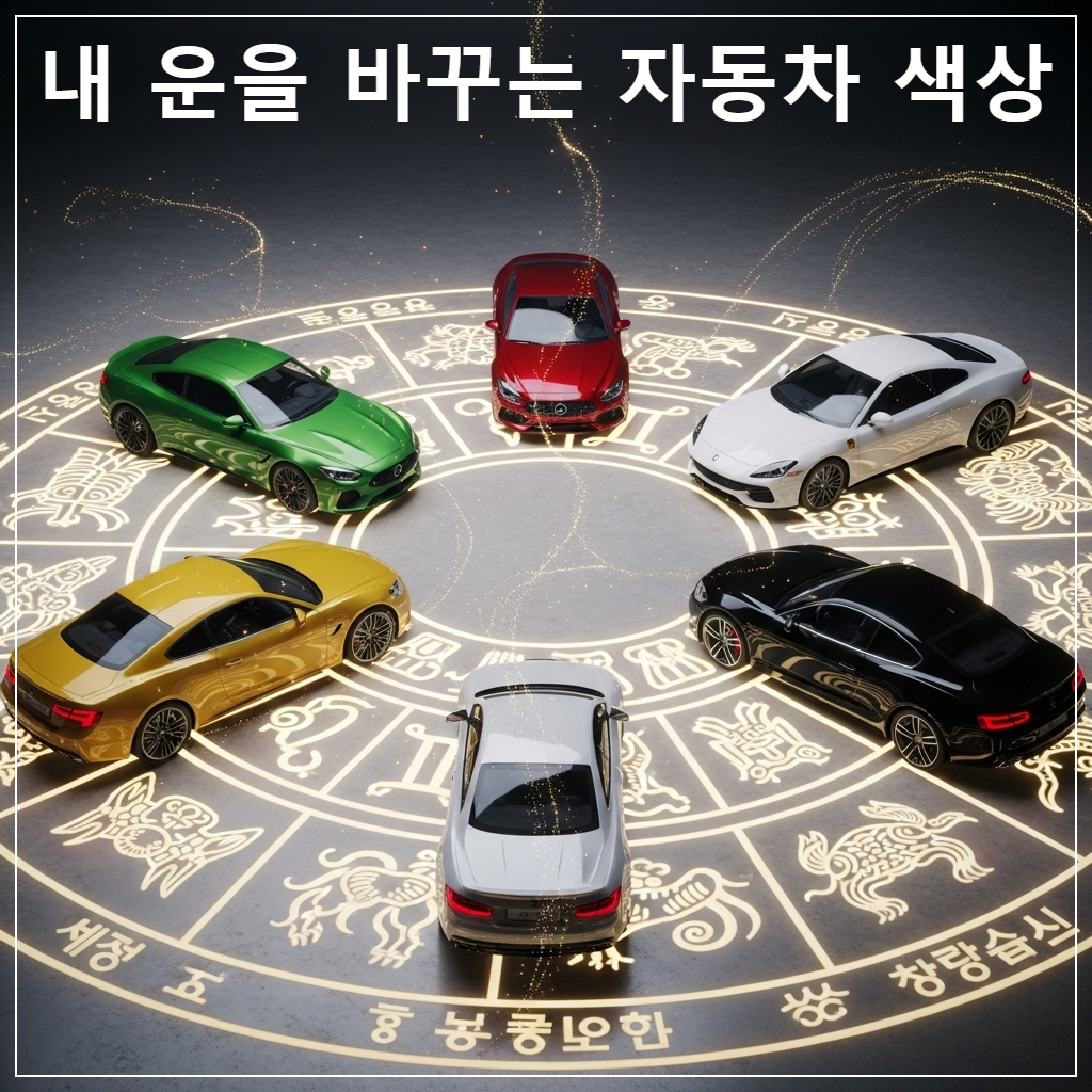 화려한 오행의 색상을 상징하는 다섯 대의 고급 세단이 전통적인 사주 팔자 문양이 그려진 바닥 위에 원형으로 배치되어 있으며, 하늘에서는 신비로운 황금빛 에너지가 쏟아지고 있는 모습