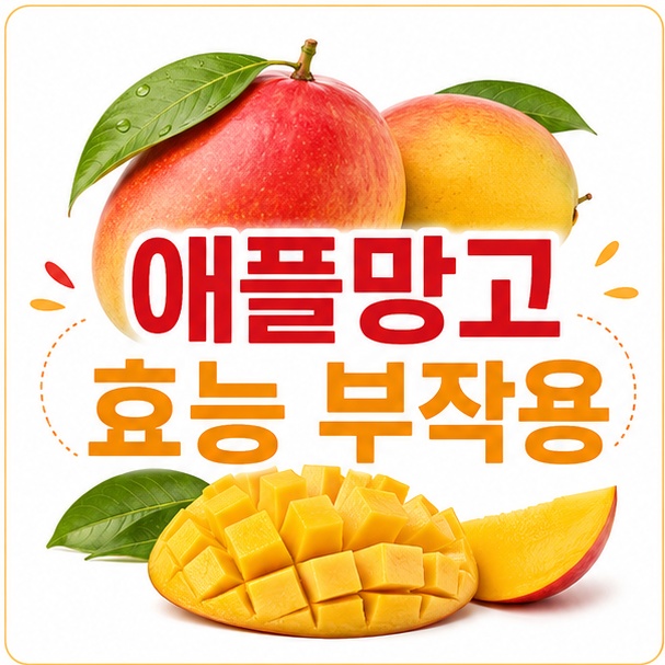 붉고 노란 애플망고와 잘린 과육을 함께 배치하고 ‘애플망고 효능 부작용’이라는 제목을 표시한 대표 이미지