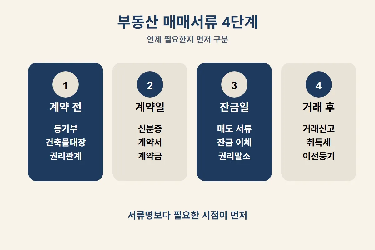 부동산 매매시 필요서류를 계약 전부터 거래 후까지 단계별로 나누어 언제 어떤 서류가 필요한지 구분해 보여주는 이미지