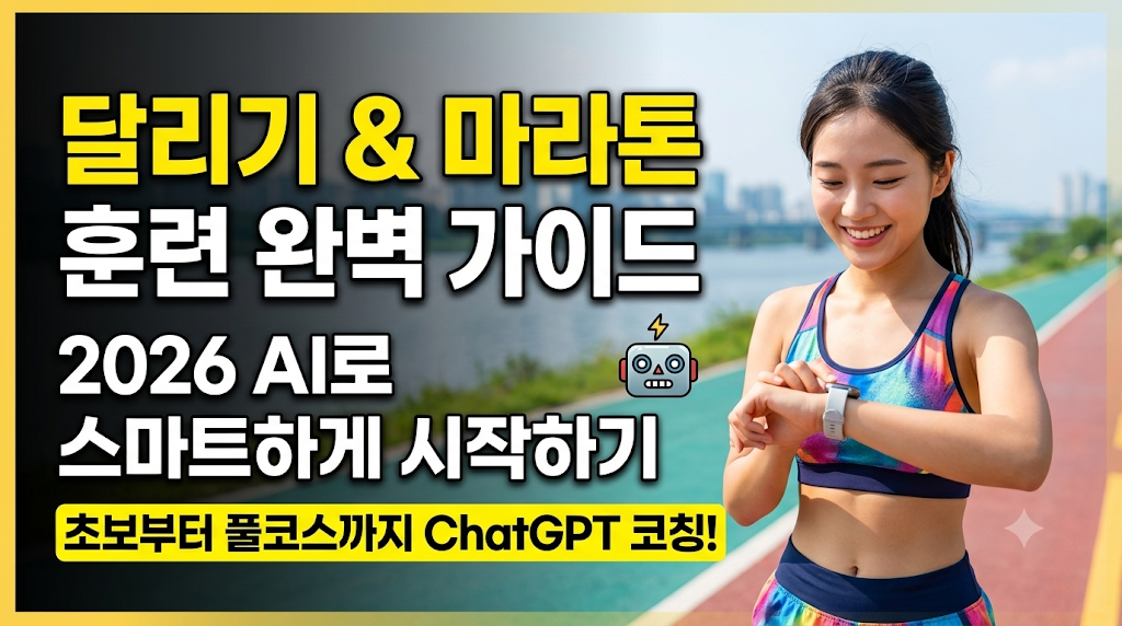 한강 러닝 트랙을 배경으로 웃으며 스마트워치를 확인하는 여성의 사진과 함께 '달리기 &amp; 마라톤 훈련 완벽 가이드', '2026 AI로 스마트하게 시작하기', '초보부터 풀코스까지 ChatGPT 코칭!'이라는 텍스트가 포함된 이미지입니다.