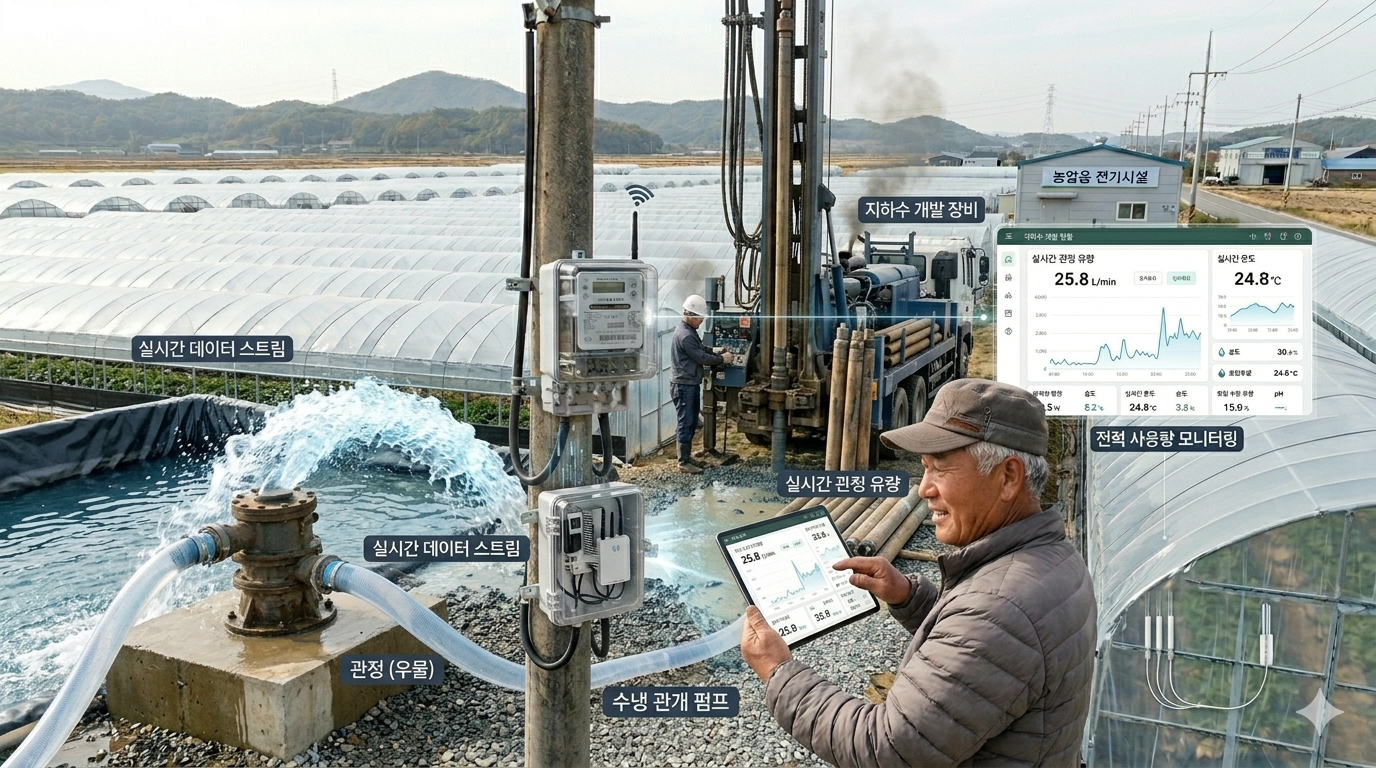 농업용 지하수 개발을 하고 있는 모습, 지하수 관정이 잘 되고 이에 대한 자료를 살피는 모습의 이미지