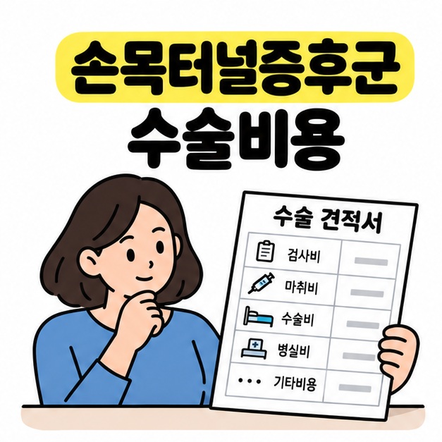 손목터널증후군 수술비용 제목 아래 검사비와 마취비, 수술비, 병실비 등이 나뉜 견적서를 살펴보는 사람