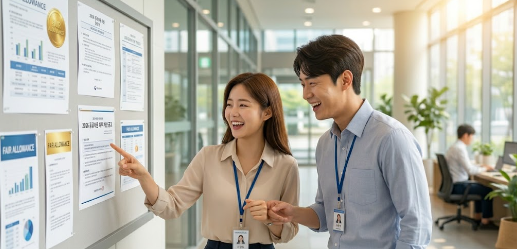 공공기관 게시판에 붙은 처우 개선 안내문을 확인하며 기뻐하는 근로자들