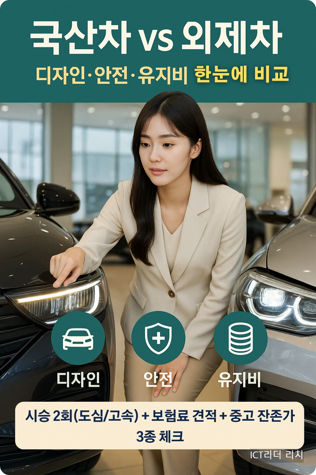 자동차 쇼룸에서 국산차와 외제차 전면 라이트 시그니처를 비교하는 여성 모델