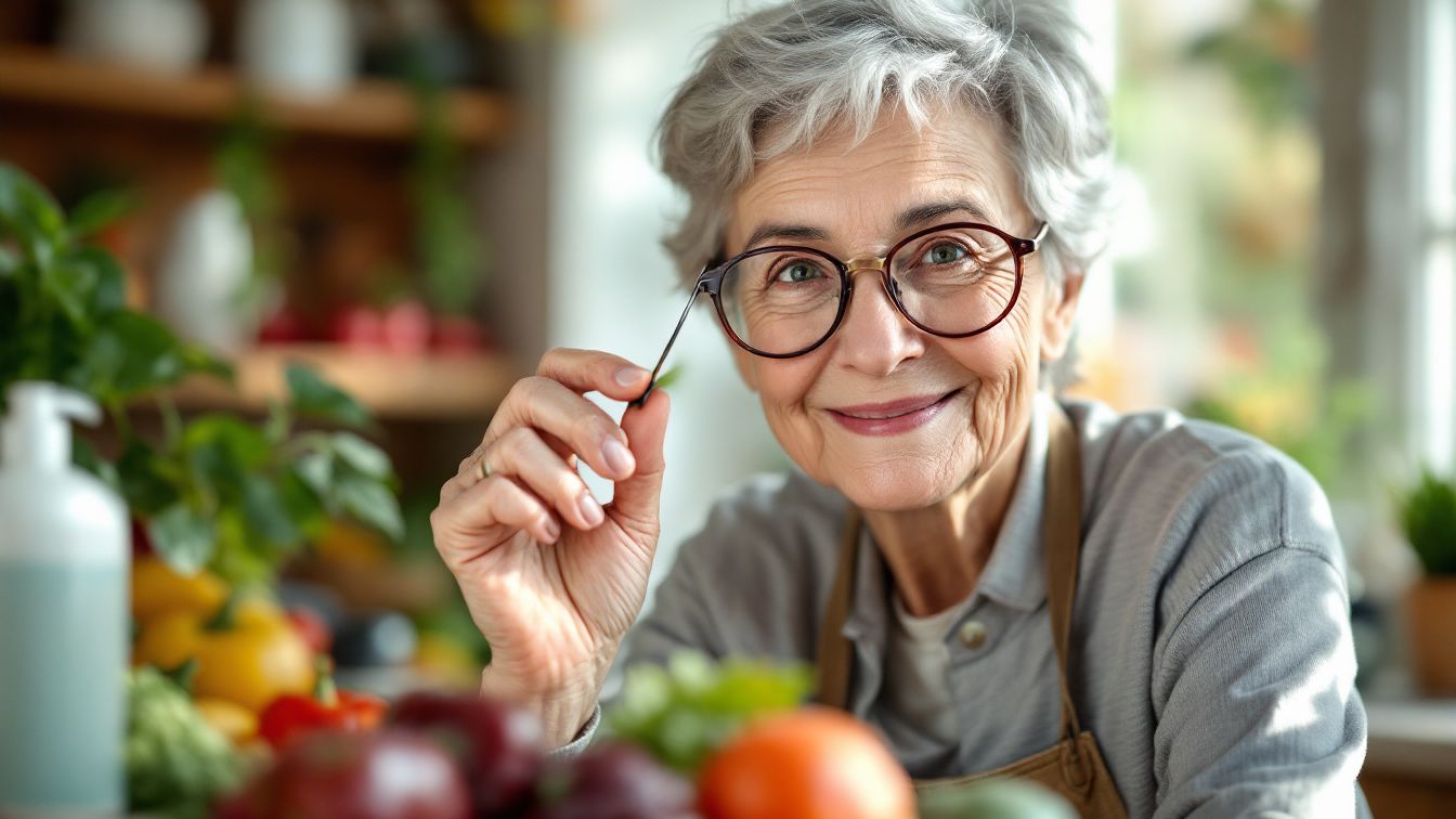 A smiling healthy woman is wearing glasses.
